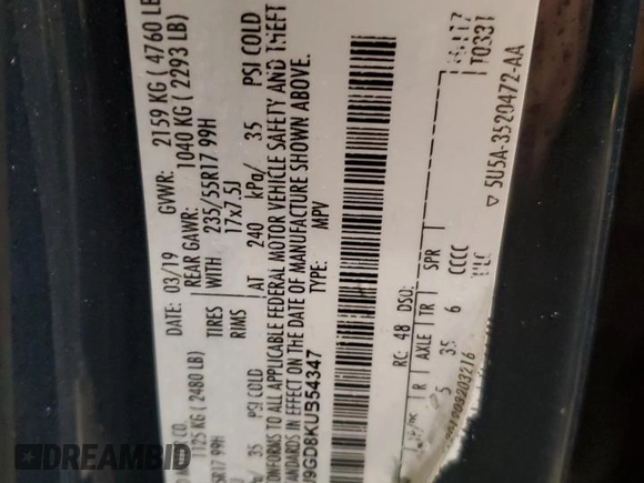 2019 Ford Escape SE z VIN 1FMCU9GD8KUB54347, wystawiony jako Copart lot #87187844 z przebiegiem 86 855 mil mil oraz Szkody całkowita. Historia ofert i sprzedaży dostępna na DreamBid. Obrazek 13.