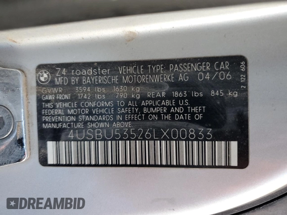 2006 BMW Z4 3.0si with VIN 4USBU53526LX00833, listed as a Copart auction lot 43766645 with 139,402 mi miles and Clean title. Bid and sale history available at DreamBid. Image 12.