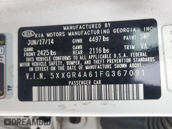 2015 Kia Optima SX Turbo with VIN 5XXGR4A61FG367091, listed as a Copart auction lot 48299065 with 106,003 mi miles and Non Repairable. Bid and sale history available at carsss.com. Image 15.