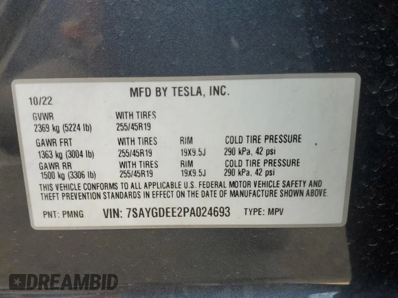2023 Tesla Model Y Long Range with VIN 7SAYGDEE2PA024693, listed as a Copart auction lot 52595935 with 35,179 mi miles and Salvage Title. Bid and sale history available at DreamBid. Image 12.