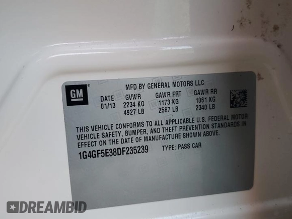 2013 Buick LaCrosse Premium 1 with VIN 1G4GF5E38DF235239, listed as a Copart auction lot 77256444 with 0 mi miles and Non Repairable. Bid and sale history available at carsss.com. Image 13.
