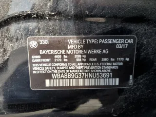 2017 BMW 3 Series 330i with VIN WBA8B9G37HNU53691, listed as a Copart auction lot 54612825 with 107,287 mi miles and Salvage Title. Bid and sale history available at carsss.com. Image 12.