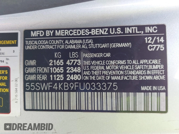 2015 Mercedes-Benz C 300 Luxury with VIN 55SWF4KB9FU033375, listed as a IAAI auction lot 42186200 with 115,307 mi miles and . Bid and sale history available at carsss.com. Image 9.