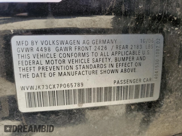 2007 Volkswagen Passat with VIN WVWJK73CX7P065789, listed as a Copart auction lot 56332135 with 137,400 mi miles and Salvage title. Bid and sale history available at DreamBid. Image 12.