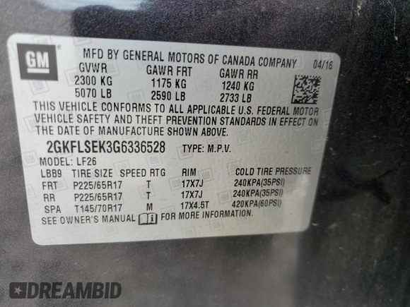 2016 GMC Terrain SLE with VIN 2GKFLSEK3G6336528, listed as a Copart auction lot 47489215 with 127,713 mi miles and Salvage Title. Bid and sale history available at DreamBid. Image 14.