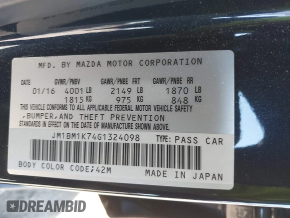 2016 Mazda 3 i Sport with VIN JM1BM1K74G1324098, listed as a IAAI auction lot 41700049 with 28,539 mi miles and . Bid and sale history available at DreamBid. Image 9.