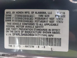 2013 Honda Odyssey EX-L with VIN 5FNRL5H66DB041471, listed as a IAAI auction lot 41543113 with 171,612 mi miles. Bid and sale history available at carsss.com. Image 9.