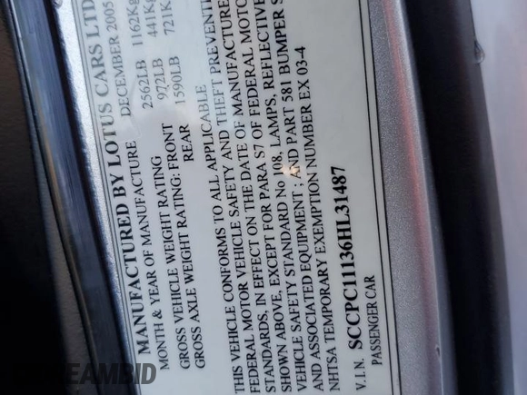2006 Lotus Elise z VIN SCCPC11136HL31487, wystawiony jako Copart lot #79508394 z przebiegiem 27 575 mil mil oraz Szkody całkowita. Historia ofert i sprzedaży dostępna na DreamBid. Obrazek 13.
