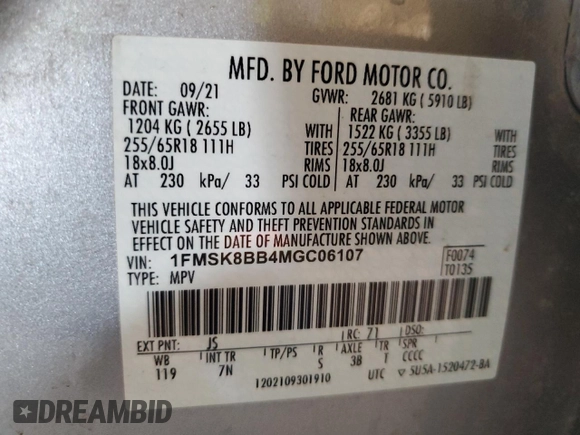 2021 Ford Explorer с VIN 1FMSK8BB4MGC06107, выставлен на аукционе Copart как лот 62816115 с пробегом 42 445 миль миль и Списание • Salvage title. История ставок и продаж доступна на DreamBid. Изображение 13.