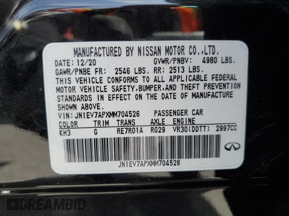 2021 Infiniti Q50 Pure with VIN JN1EV7APXMM704526, listed as a Copart auction lot 53291505 with 49,078 mi miles and Salvage title. Bid and sale history available at DreamBid. Image 13.