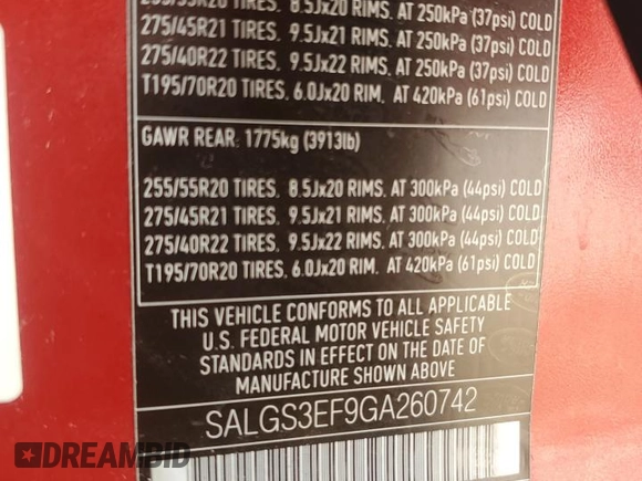 2016 Land Rover Range Rover Supercharged with VIN SALGS3EF9GA260742, listed as a Copart auction lot 49977975 with 98,159 mi miles and Salvage Title. Bid and sale history available at carsss.com. Image 13.