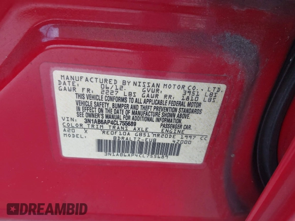2012 Nissan Sentra SR with VIN 3N1AB6AP4CL755689, listed as a IAAI auction lot 42092752 with 128,962 mi miles and . Bid and sale history available at DreamBid. Image 9.