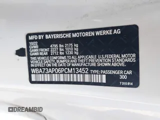 2023 BMW 4 Series 430i xDrive with VIN WBA73AP06PCM13452, listed as a IAAI auction lot 42546869 with 42,625 mi miles and . Bid and sale history available at DreamBid. Image 9.
