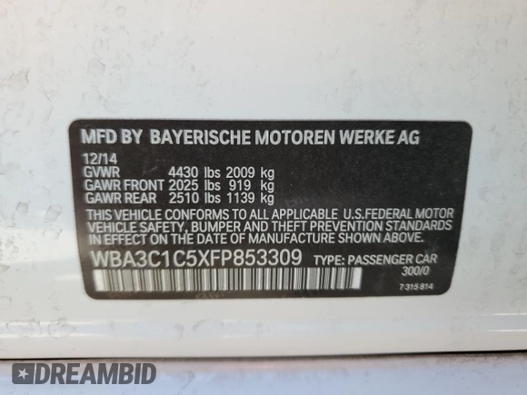 2015 BMW 3 Series 328i с VIN WBA3C1C5XFP853309, выставлен на аукционе Copart как лот 48372645 с пробегом 90 287 миль миль и Списание • Salvage title. История ставок и продаж доступна на DreamBid. Изображение 12.
