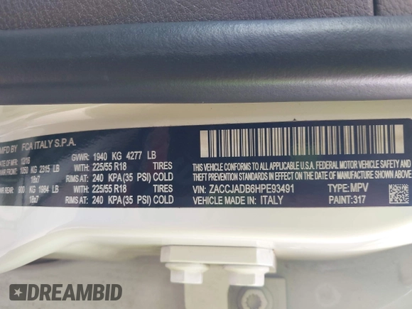 2017 Jeep Renegade Limited with VIN ZACCJADB6HPE93491, listed as a IAAI auction lot 42155903 with 149,115 mi miles and . Bid and sale history available at DreamBid. Image 9.