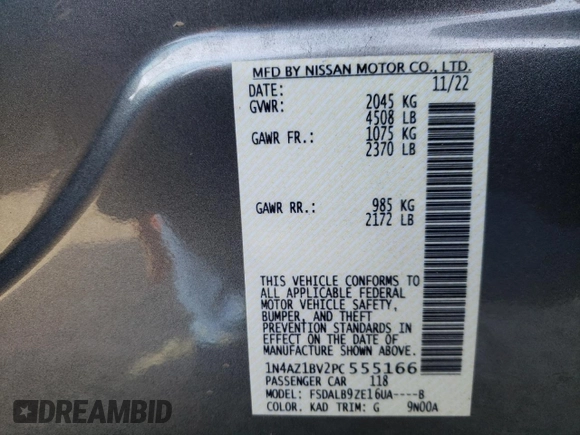 2023 Nissan LEAF S with VIN 1N4AZ1BV2PC555166, listed as a Copart auction lot 46501375 with 27,435 mi miles and Salvage Title. Bid and sale history available at DreamBid. Image 13.