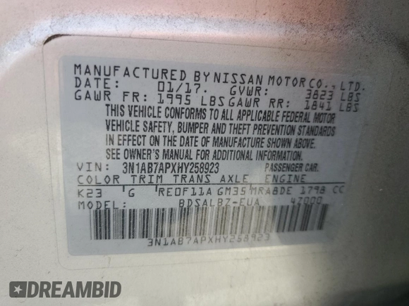 2017 Nissan Sentra S z VIN 3N1AB7APXHY258923, wystawiony jako Copart lot #59006785 z przebiegiem 89 299 mil mil oraz Szkoda całkowita • Salvage title. Historia ofert i sprzedaży dostępna na DreamBid. Obrazek 12.