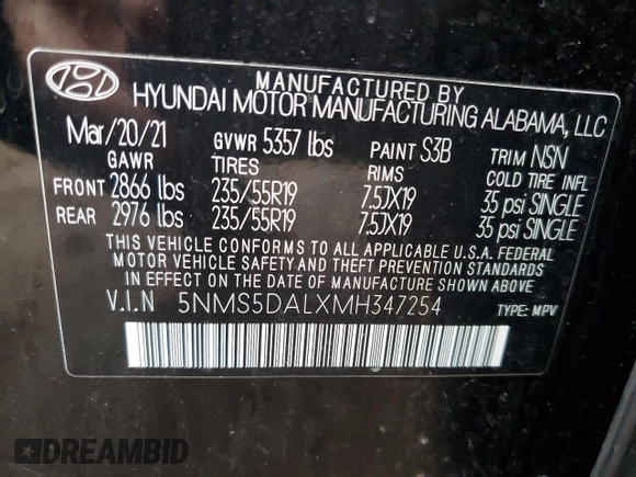 2021 Hyundai Santa Fe Calligraphy with VIN 5NMS5DALXMH347254, listed as a Copart auction lot 49868935 with 22,725 mi miles and Clean title. Bid and sale history available at DreamBid. Image 16.