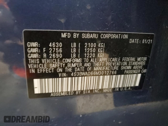 2021 Subaru Legacy Premium with VIN 4S3BWAD66M3012766, listed as a Copart auction lot 52940995 with 81,605 mi miles and Salvage title. Bid and sale history available at DreamBid. Image 12.