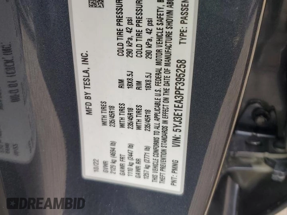 2023 Tesla Model 3 с VIN 5YJ3E1EA3PF395258, выставлен на аукционе Copart как лот 58816165 с пробегом 20 554 миль миль и Списание • Salvage title. История ставок и продаж доступна на DreamBid. Изображение 12.