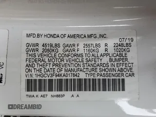 2019 Honda Accord Touring with VIN 1HGCV3F94KA017842, listed as a Copart auction lot 54958665 with 105,231 mi miles and Salvage title. Bid and sale history available at DreamBid. Image 12.