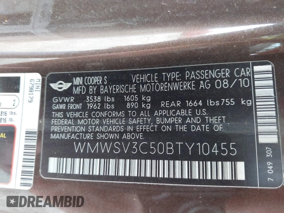 2011 MINI Hardtop S with VIN WMWSV3C50BTY10455, listed as a IAAI auction lot 42739230 with 54,998 mi miles and . Bid and sale history available at DreamBid. Image 9.