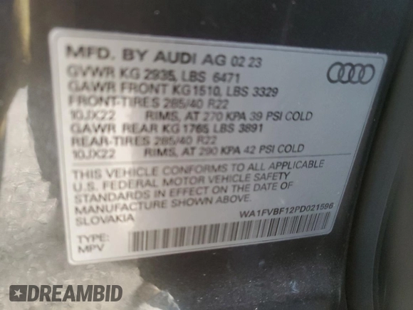 2023 Audi Q8 Prestige z VIN WA1FVBF12PD021596, wystawiony jako Copart lot #86624584 z przebiegiem 10 435 mil mil oraz Szkoda całkowita • Salvage title. Historia ofert i sprzedaży dostępna na DreamBid. Obrazek 13.