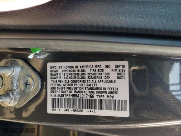 2010 Honda Accord Crosstour EX-L with VIN 5J6TF2H55AL017166, listed as a Copart auction lot 43926065 with 148,664 mi miles and Salvage Title. Bid and sale history available at carsss.com. Image 13.