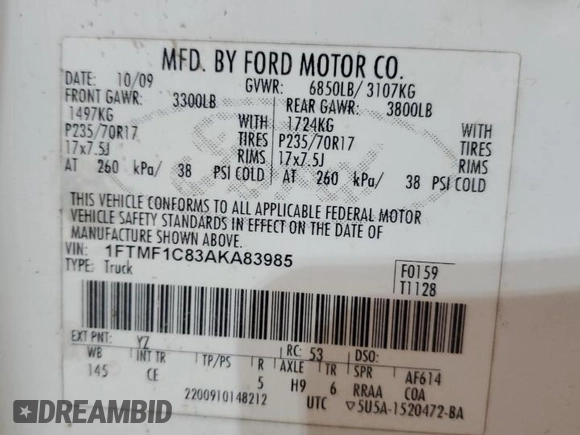 2010 Ford F-150 XL with VIN 1FTMF1C83AKA83985, listed as a Copart auction lot 44575155 with 315,277 mi miles and Salvage Title. Bid and sale history available at carsss.com. Image 12.