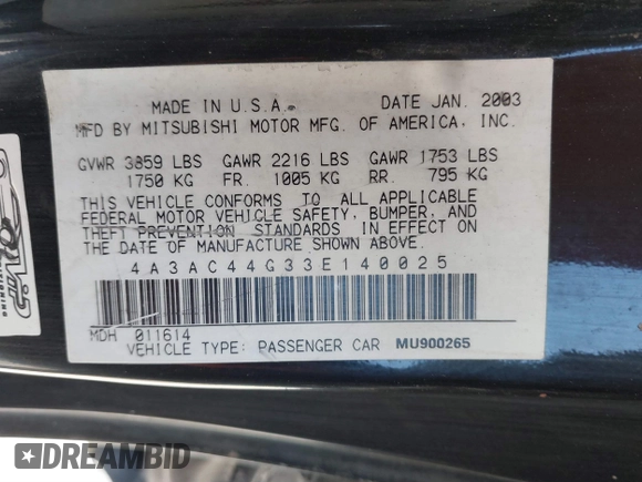 2003 Mitsubishi Eclipse GS with VIN 4A3AC44G33E140025, listed as a IAAI auction lot 41771913 with Not Provided miles and . Bid and sale history available at carsss.com. Image 9.