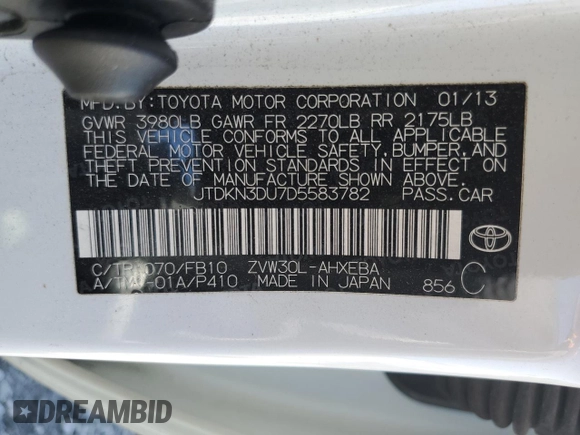 2013 Toyota Prius One with VIN JTDKN3DU7D5583782, listed as a Copart auction lot 49574105 with 155,842 mi miles and Salvage Title. Bid and sale history available at carsss.com. Image 12.