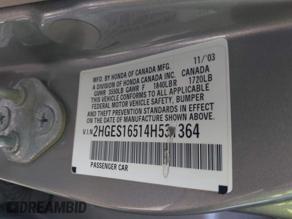 2004 Honda Civic LX with VIN 2HGES16514H531364, listed as a IAAI auction lot 42019042 with 185,481 mi miles and . Bid and sale history available at DreamBid. Image 17.