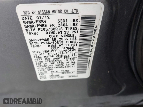 2013 Infiniti FX with VIN JN8CS1MU0DM140711, listed as a IAAI auction lot 40796518 with 179,386 mi miles and . Bid and sale history available at DreamBid. Image 9.