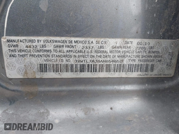 2010 Volkswagen Jetta TDI z VIN 3VWTL7AJ8AM654650, wystawiony jako IAAI lot #42264281 z przebiegiem 189 859 mil mil oraz . Historia ofert i sprzedaży dostępna na DreamBid. Obrazek 9.