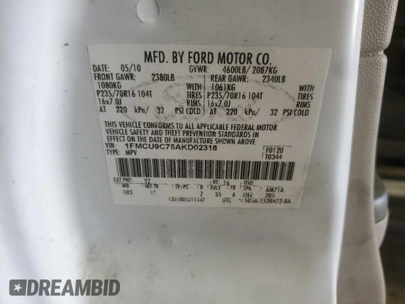 2010 Ford Escape XLS with VIN 1FMCU9C75AKD02318, listed as a Copart auction lot 59130055 with Not provided miles and Salvage title. Bid and sale history available at DreamBid. Image 13.