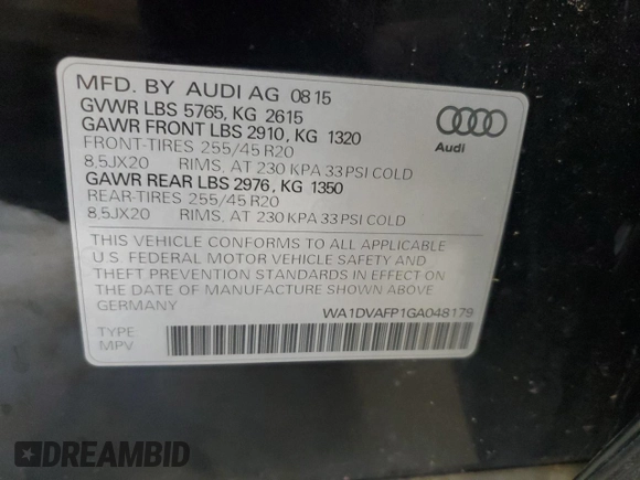 2016 Audi Q5 with VIN WA1DVAFP1GA048179, listed as a Copart auction lot 54970995 with 57,118 mi miles and Non repairable. Bid and sale history available at DreamBid. Image 13.