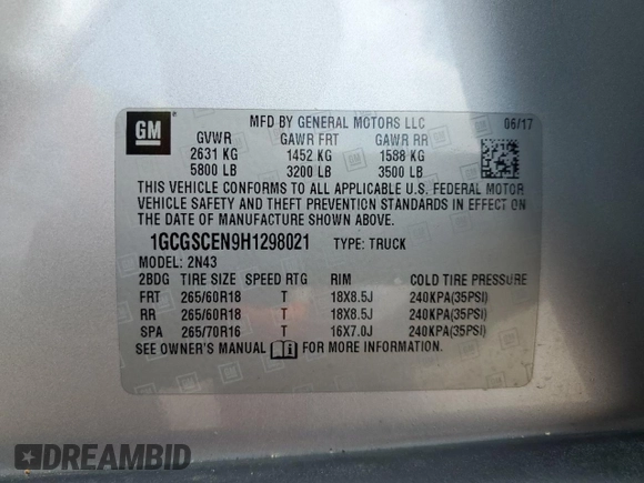 2017 Chevrolet Colorado 2WD LT with VIN 1GCGSCEN9H1298021, listed as a Copart auction lot 54320945 with 169,445 mi miles and Salvage title. Bid and sale history available at DreamBid. Image 12.