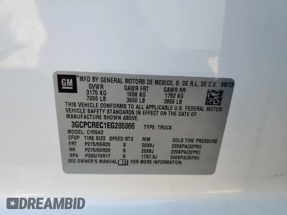 2014 Chevrolet Silverado 1500 LT with VIN 3GCPCREC1EG205066, listed as a Copart auction lot 52369795 with 183,283 mi miles and Salvage Title. Bid and sale history available at DreamBid. Image 12.