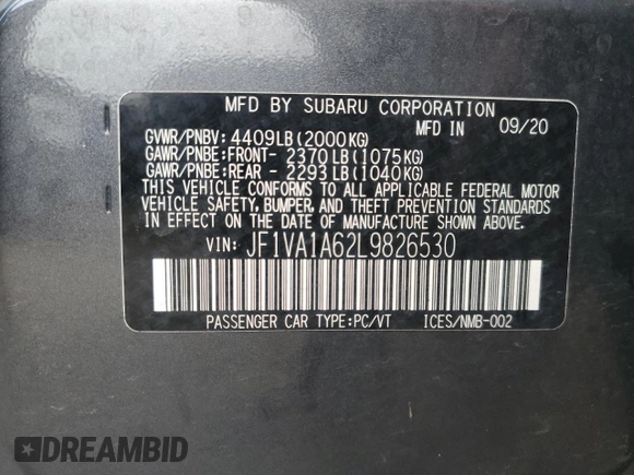2020 Subaru WRX with VIN JF1VA1A62L9826530, listed as a Copart auction lot 68488904 with 37,683 mi miles and Salvage Title. Bid and sale history available at carsss.com. Image 12.