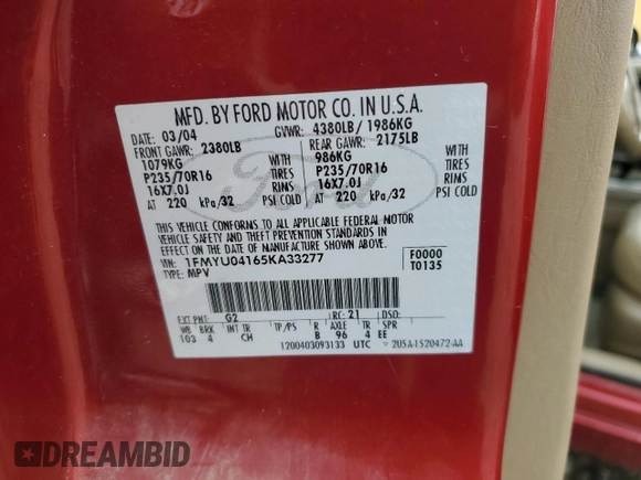 2005 Ford Escape Limited with VIN 1FMYU04165KA33277, listed as a Copart auction lot 54407625 with 217,317 mi miles and Salvage title. Bid and sale history available at DreamBid. Image 12.