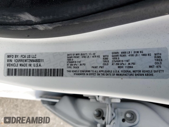 2022 Ram 1500 Big Horn with VIN 1C6RREMT2NN480011, listed as a Copart auction lot 46630725 with 77,951 mi miles and Salvage Title. Bid and sale history available at carsss.com. Image 13.