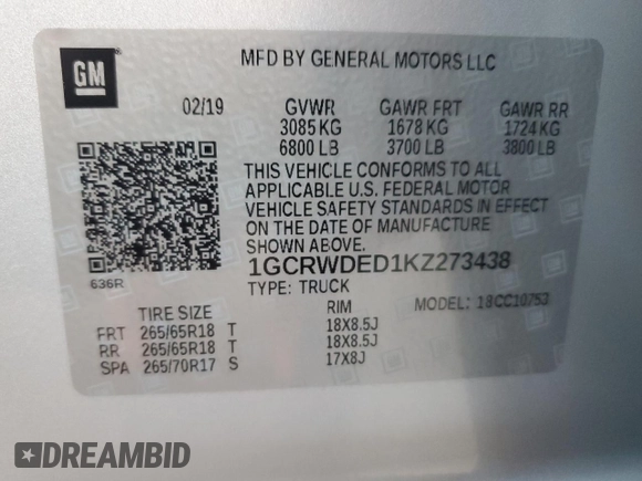2019 Chevrolet Silverado 1500 RST with VIN 1GCRWDED1KZ273438, listed as a Copart auction lot 88304025 with 90,035 mi miles and Salvage Title. Bid and sale history available at carsss.com. Image 13.