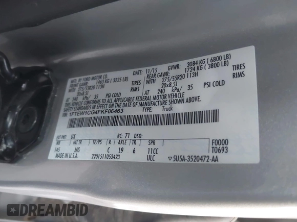 2015 Ford F-150 XL with VIN 1FTEW1CG4FKF06463, listed as a IAAI auction lot 41798824 with 45,809 mi miles and . Bid and sale history available at DreamBid. Image 9.