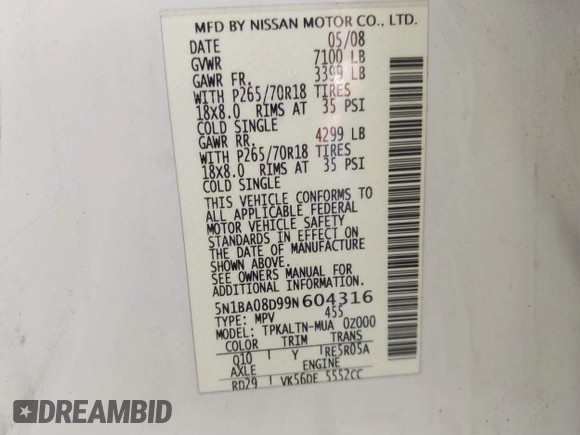 2009 Nissan Armada SE z VIN 5N1BA08D99N604316, wystawiony jako IAAI lot #41749094 z przebiegiem 326 455 mil mil oraz . Historia ofert i sprzedaży dostępna na DreamBid. Obrazek 9.