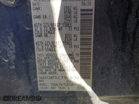 2020 Nissan Rogue SL with VIN 5N1AT2MT7LC796630, listed as a Copart auction lot 44410385 with 167,683 mi miles and Salvage Title. Bid and sale history available at carsss.com. Image 13.