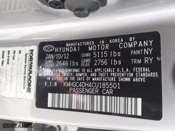 2012 Hyundai Genesis 5.0L with VIN KMHGC4DH4CU185501, listed as a IAAI auction lot 41939420 with 146,409 mi miles. Bid and sale history available at carsss.com. Image 9.