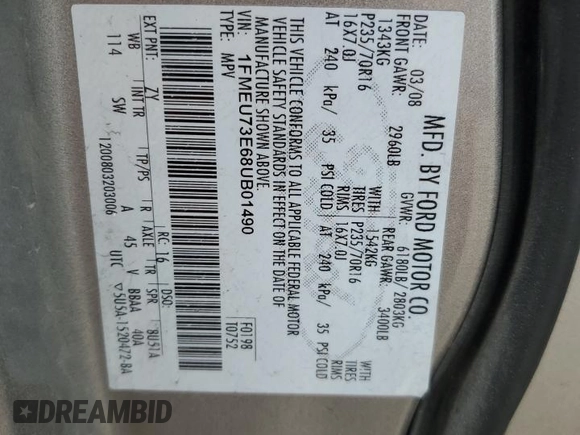 2008 Ford Explorer XLT z VIN 1FMEU73E68UB01490, wystawiony jako Copart lot #51369345 z przebiegiem 307 707 mil mil oraz Czysty tytuł • Clean title. Historia ofert i sprzedaży dostępna na DreamBid. Obrazek 13.