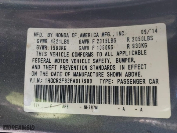 2015 Honda Accord Sedan EX-L with VIN 1HGCR2F83FA017990, listed as a IAAI auction lot 41814418 with 140,887 mi miles. Bid and sale history available at carsss.com. Image 9.