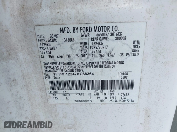 2007 Ford F-150 XL with VIN 1FTRF12247KC68364, listed as a IAAI auction lot 41856581 with 133,659 mi miles. Bid and sale history available at carsss.com. Image 9.