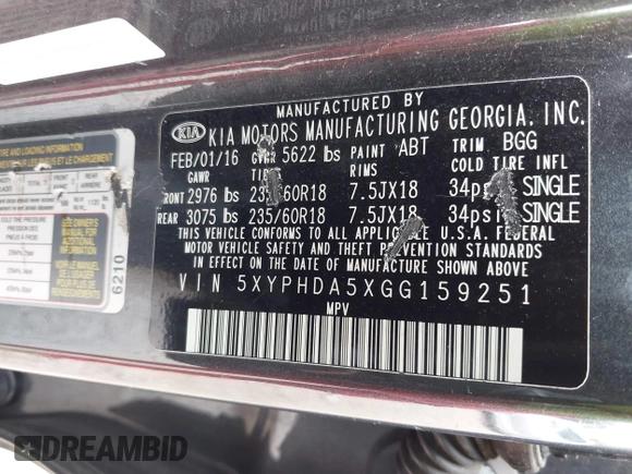 2016 Kia Sorento EX with VIN 5XYPHDA5XGG159251, listed as a IAAI auction lot 42414315 with 132,051 mi miles and . Bid and sale history available at DreamBid. Image 9.